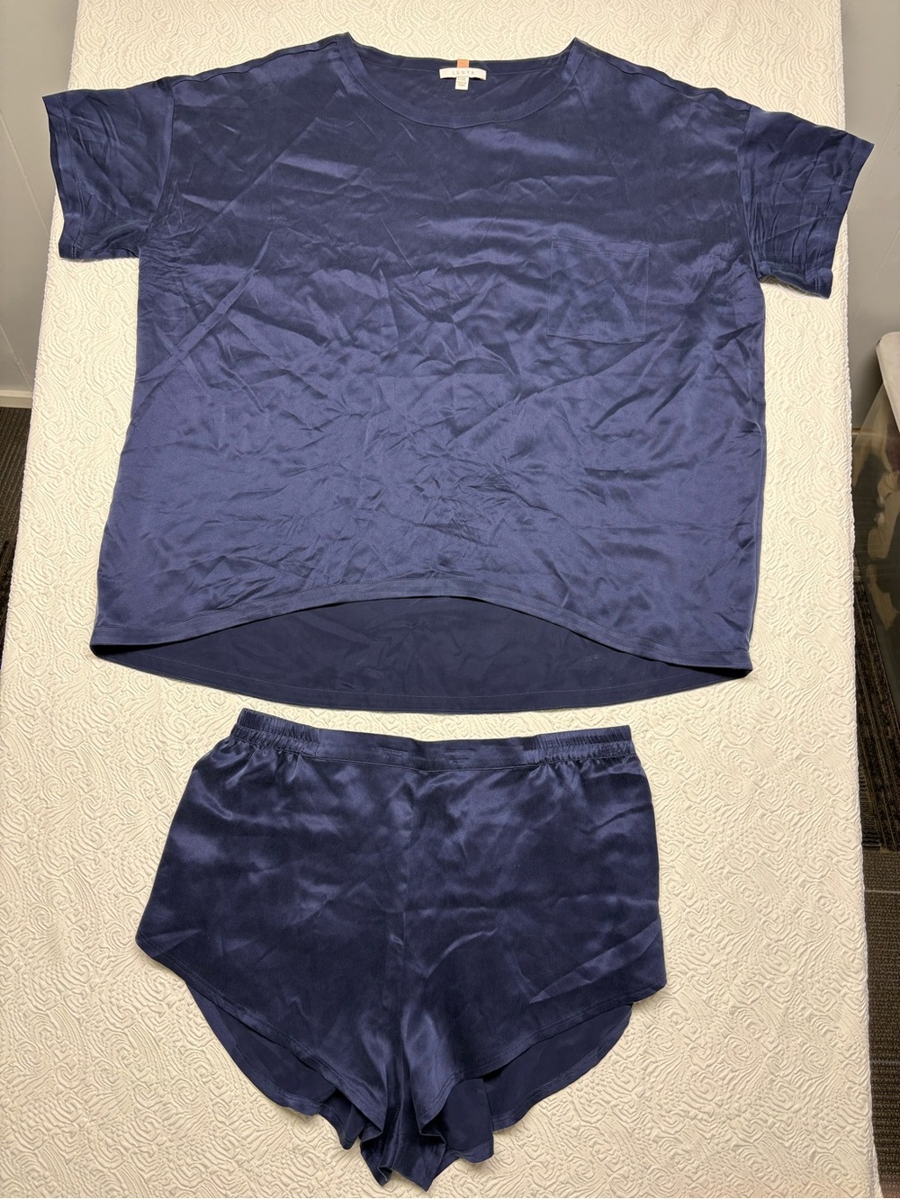 lunya Navy Blue washable silk Sleeve Top & Shorts Pajama Set